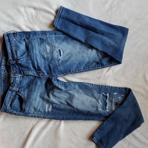 American Eagle Medium Wash Destructed Super Stretch Skinny Jeans Mid Rise